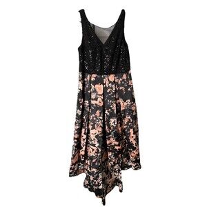 Marina Hi-Low Gown Dress Evening Dance Black Pink Floral Sequin Top Womens Sz 16
